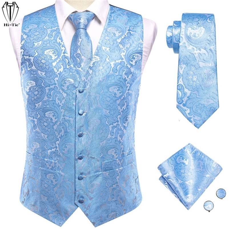 Men's Vests Silk Mens Wedding Vest Tie Set Sleeveless Western Waistcoat Jacket Necktie Hanky Cufflinks Sky Blue Coral Beige Silver Burgundy 23072