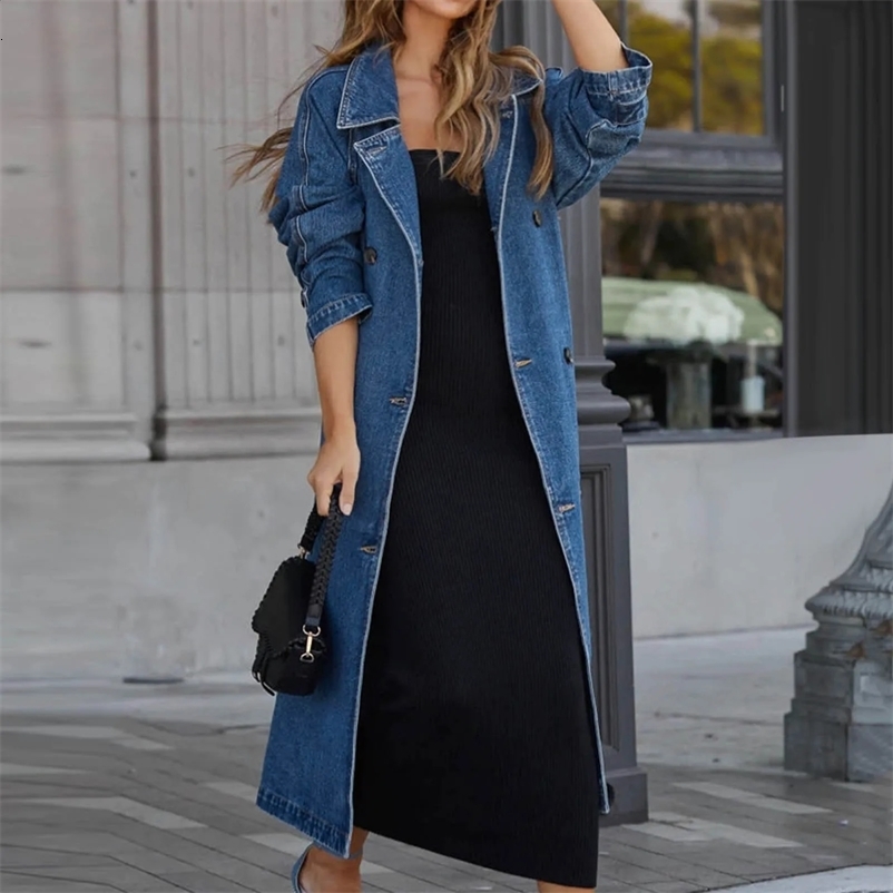 WomenS Vintage Long Jean Jacket Temperament Loose Fit Double Breasted Denim Jacket Lapel Trench Coat With Belt Woman Clothing 240717