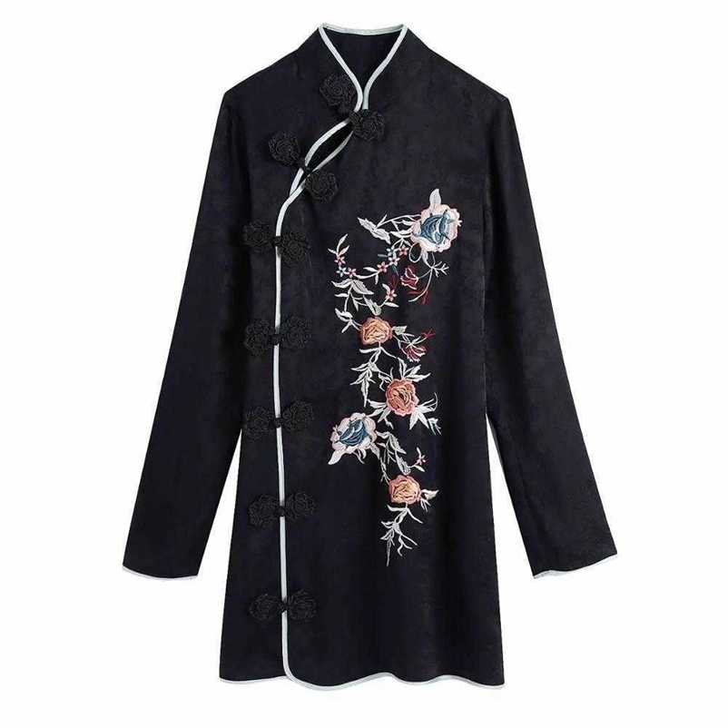 Women Embroidery Jacquard Dress Chinese Style Long Sleeves Cropped Women Dress Chic Fashion Vintage Cheongsam 210709