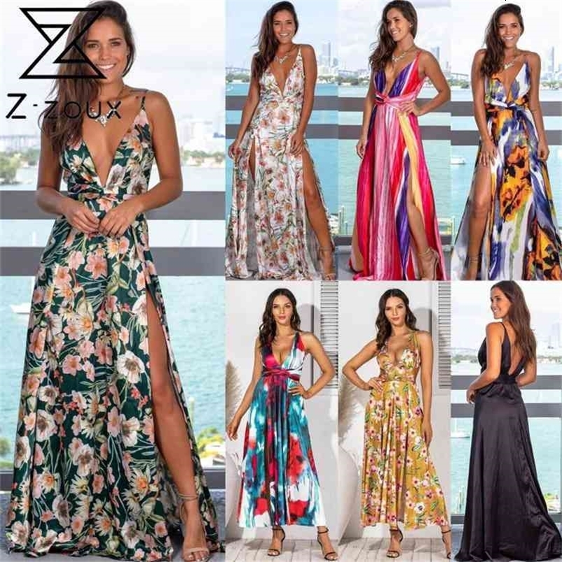 Women Dress Deep V Neck Printed Bohemian es Backless Split Sexy Maxi Floral Print Plus Size Beach es 210513