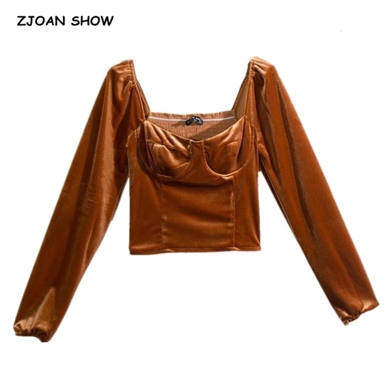 Spring Harajuku Slim Solid Color Velvet Pullovers For Women Velour Long Sleeve Blouse Elastic Ruched Body Cropped Tops 210429