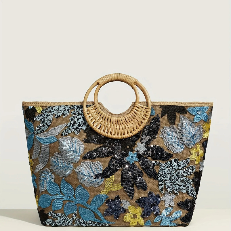 Womens Tote Bag Bead Flower Round Hand Weave Capacity Large Beach 240730