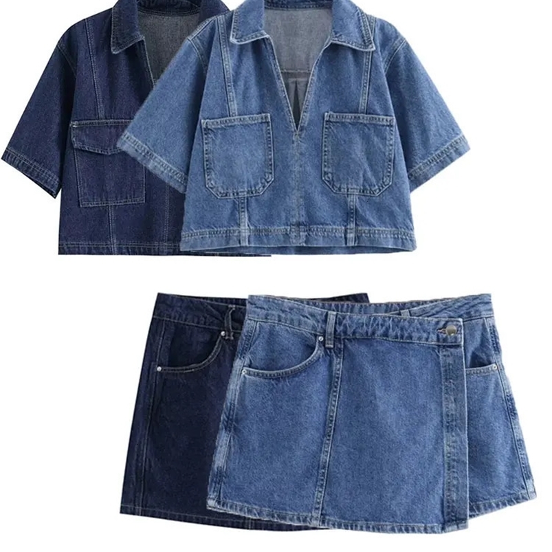 Summer denim two-piece set short sleeved pocket womens top mini skirt shorts fashionable casual womens two-piece set Y2K 250402