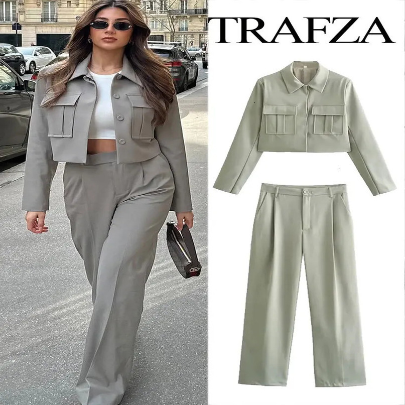 TRAFZA Spring 2 Piece Suits For Women Trend Single Breasted Cardigan Coat Office Lady Vintage Womens Wide Leg Long Pant 240423