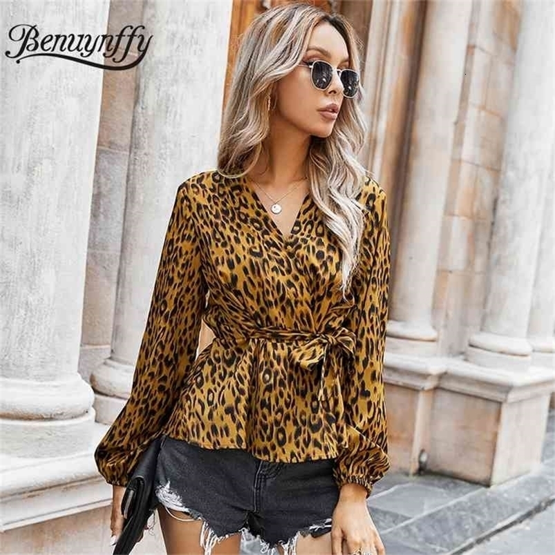 Leopard Print Surplice Neck Belted Blouse Women Long Sleeve Peplum Top Autumn Elegant Office Lady Tops and Blouses 210510