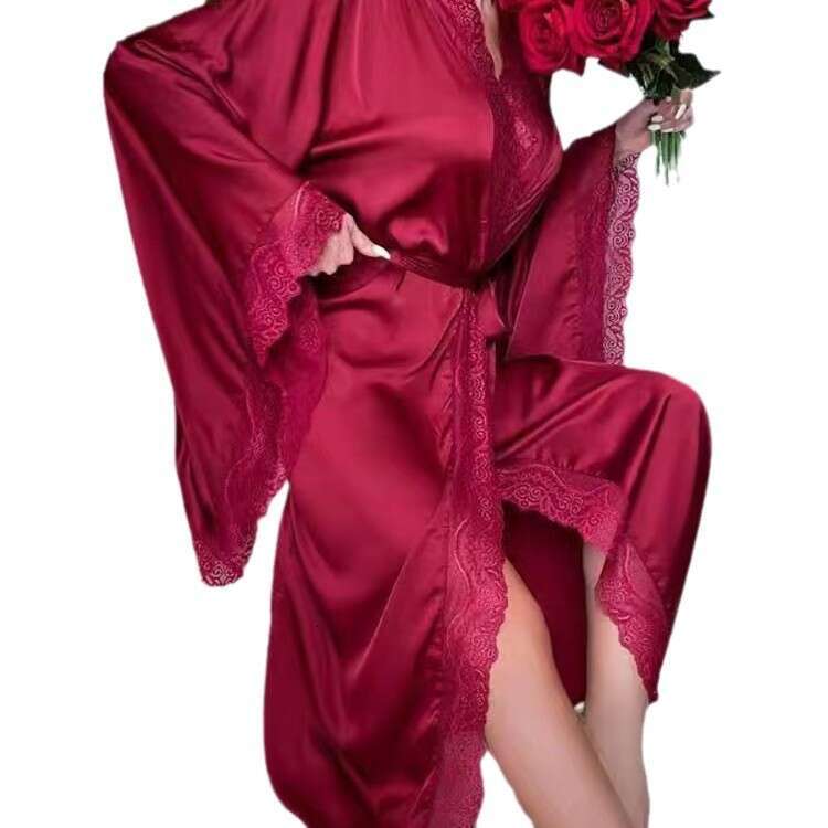 New Satin Nightgown Lace Light Luxury Long Sleeve Cool Nightdress Bathrobe Homewear for Women 7777
