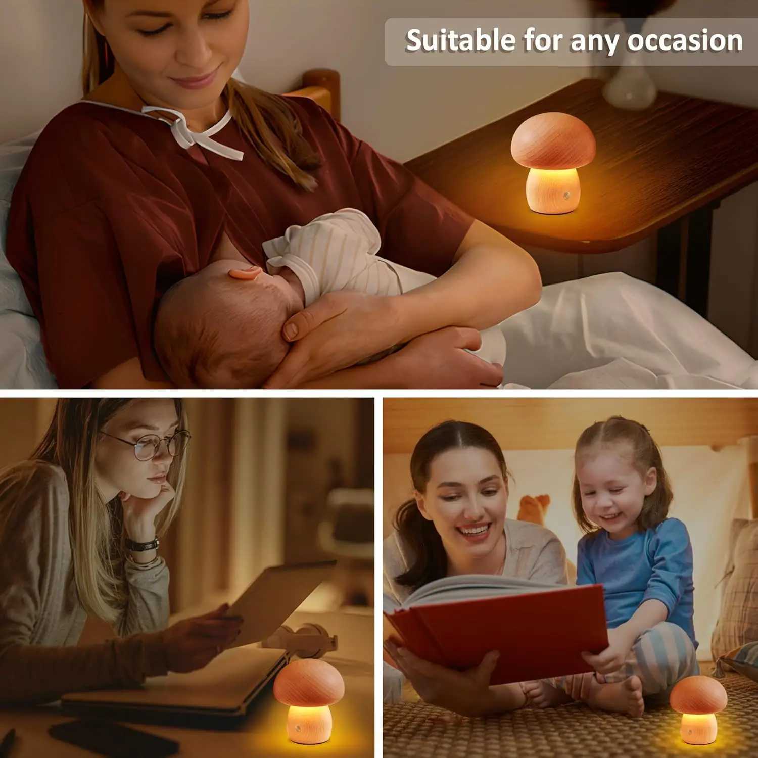 Wooden Mushroom Lamp Portable Cordless Rechargeable Battery Operated LampStepless Dimming Night Light for Birthday Gifts C251115