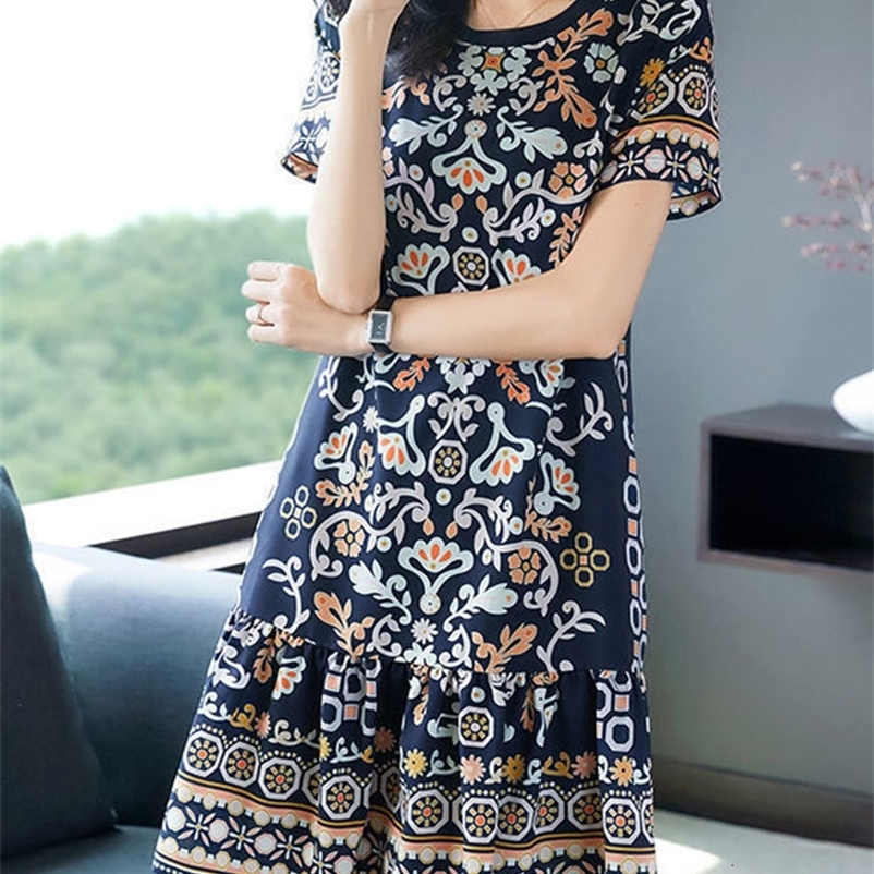 Basic Casual Dresses Summer Round Neck Elegant Fashion Temperament Vintage A-line Dresses Short Sleeve Printing Leisure Midi Dress Vestidos 230519