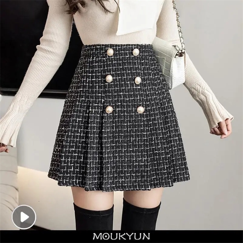 Skirts MOUKYUN Pearls Buttons Plaid Tweed Mini Skirts Women High Waist Vintage Plaid Woolen Skirt Pleated Shorts Skirt Zipper Harajuku 231129