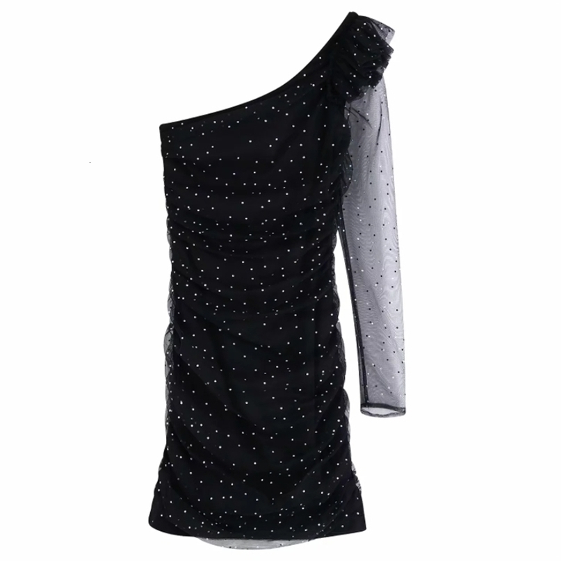 new women pleated ruffles asymmetric slim mini dress ladies sexy single shoulder vestidos sequins decoration dresses DS3116 T200604