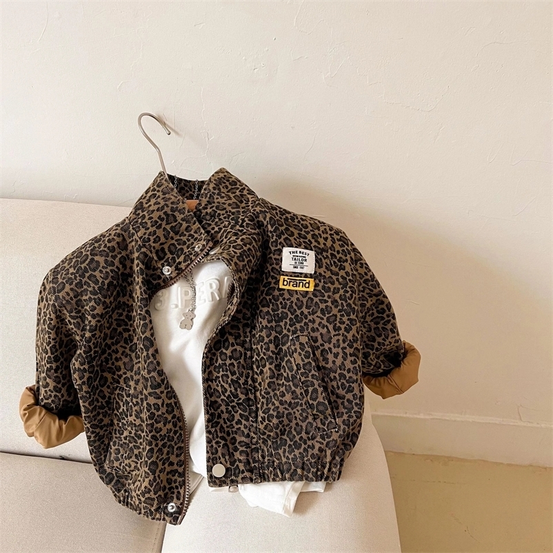 AYNIGIELL Spring Autumn Childrens Casual Long-sleeved Jacket Boys Korean Leopard Print Jacket Girls Short Denim Coat 250115bj
