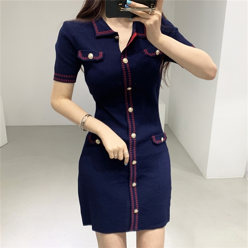 Basic Casual Dresses Women Mini Knitted Dress Vintage Metal Buttons High Waist Sheath Pencil Dresses Turn-down Neck Elegant Dress Office Lady N237 230