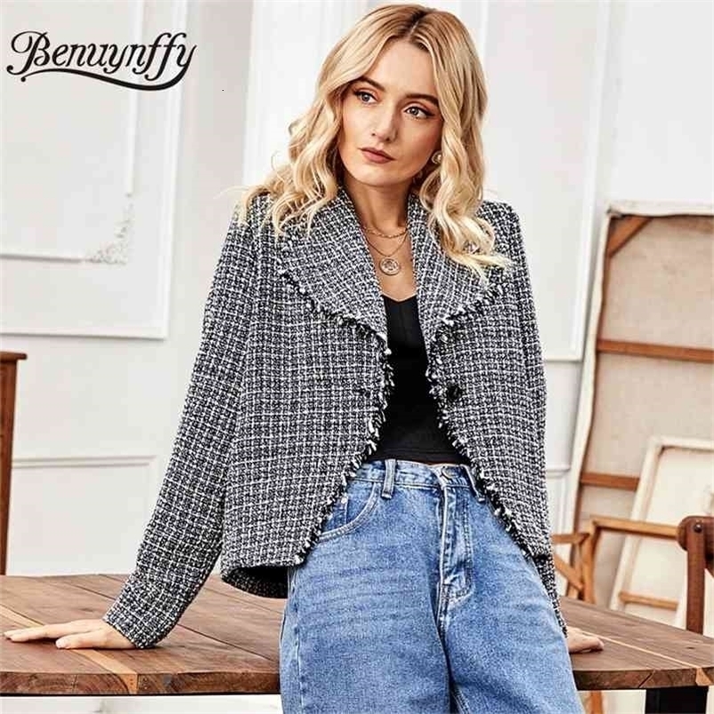 Lapel Collar Single Button Tweed Coat Women Autumn winter Long Sleeve Plaid Casual Short Jacket Ladies Outerwear 210510