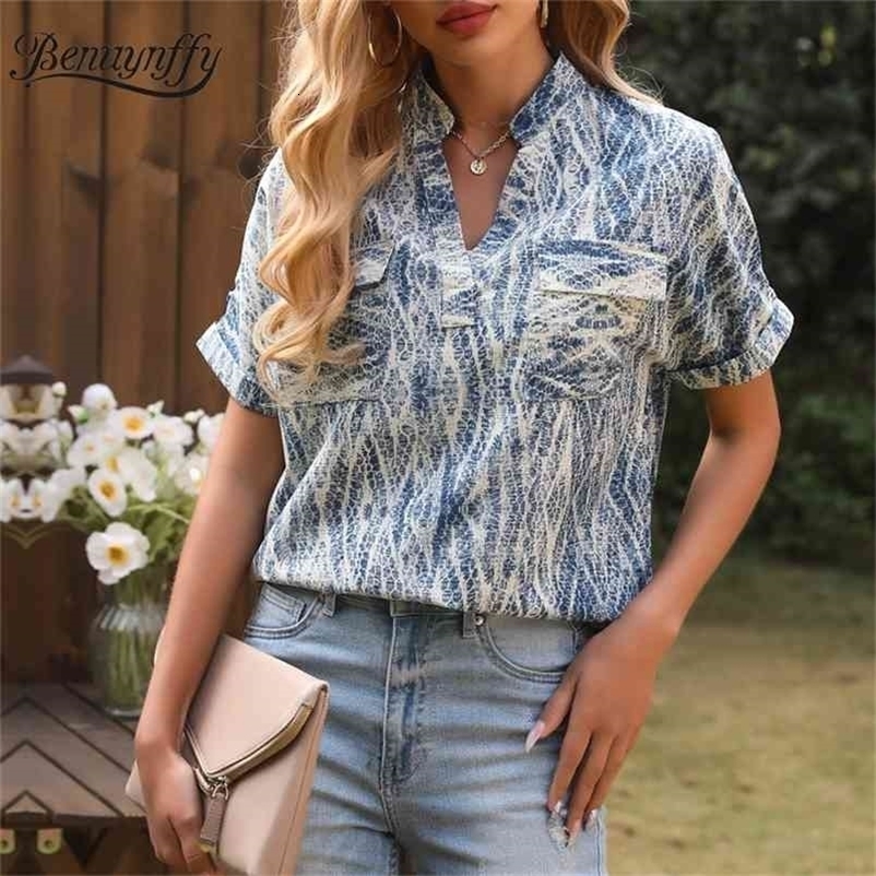 Notched Neck Tie Dye Summer Tops for Women Arrival Pocket Short Sleeve OL Female Casual Loose Top Blouse 210510