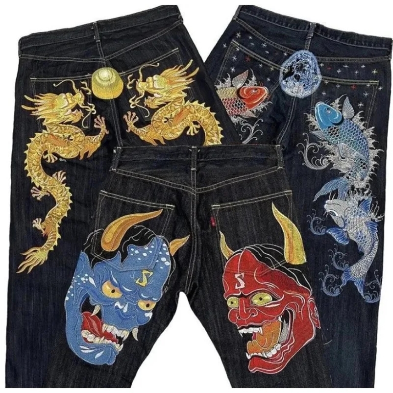 American retro high street jeans mens personalized printed hip-hop trend clothing straight pants highwaisted Y2K denim trousers 240429