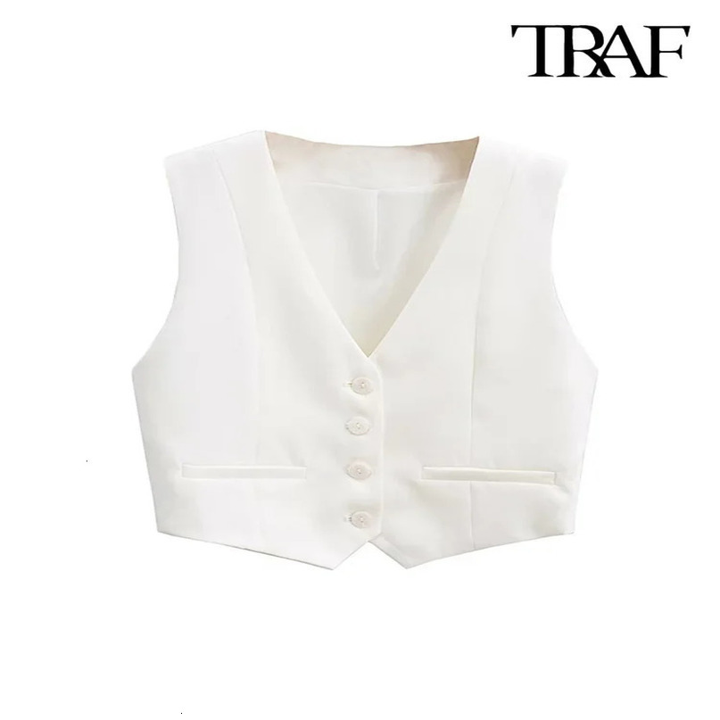 TRAF Women Fashion Front Buttons Cropped Waistcoat Vintage V Neck Sleeveless Female Outerwear Chic Tops 240523