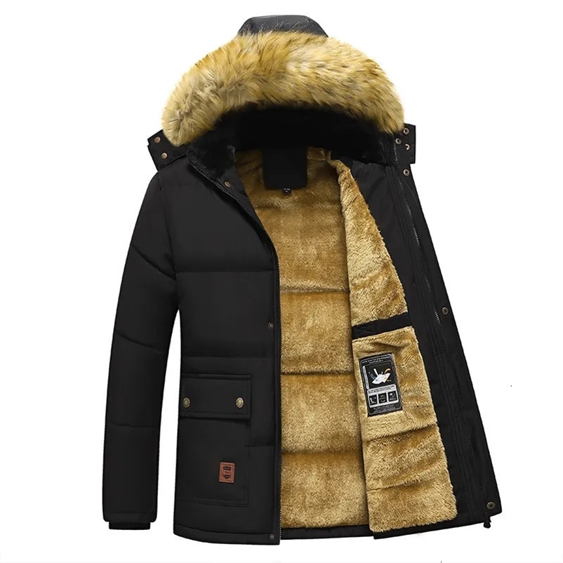Men Winter Parka Fleece Lined Thick Warm Hooded Fur Collar Coat Male Size 5XL Plush Jacket Autumn Work Outwearing Black 240106