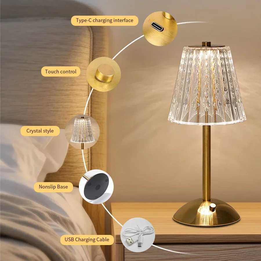Crystal LED Table Lamp Touch Sensor Desktop Night Light Rechargeable Reading Lamp for Bedroom Bedside Hotel Bar Decor Dimmable C251115
