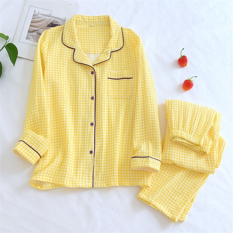 Women's Sleepwear Women Spring Pajamas Cotton Gauze Crepe Sleepwear Long Sleeve Print Two Piece Set Loungewear Thin Casual Loose Home Clothes 230