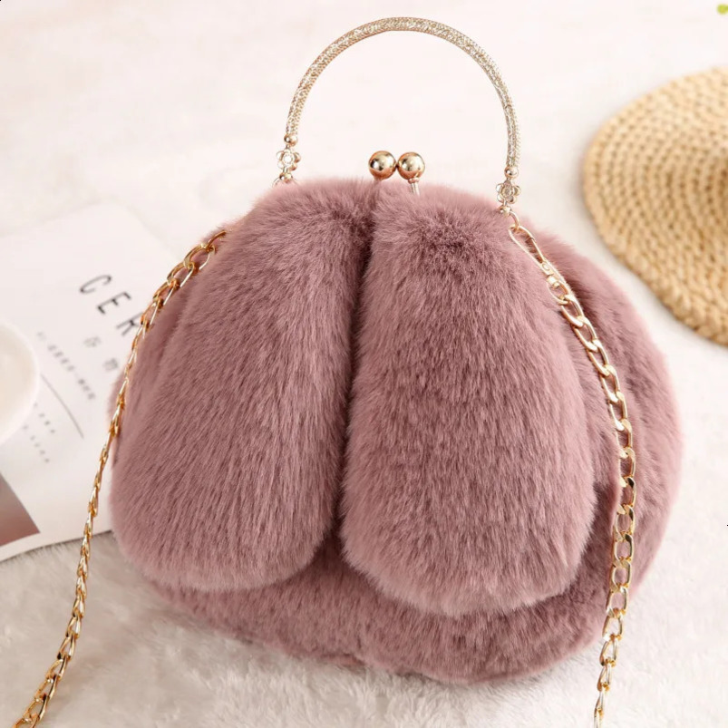 Artificial fur rabbit ear plush Kawaii round bag shoulder cross body womens chain messenger fashionable solid handbag 240906