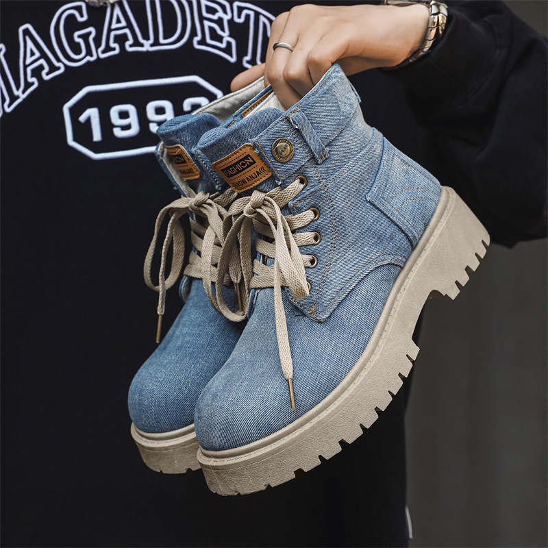 Designer shoes free shipping Autumn vintage washed denim Martin boots trend versatile new high top short boots