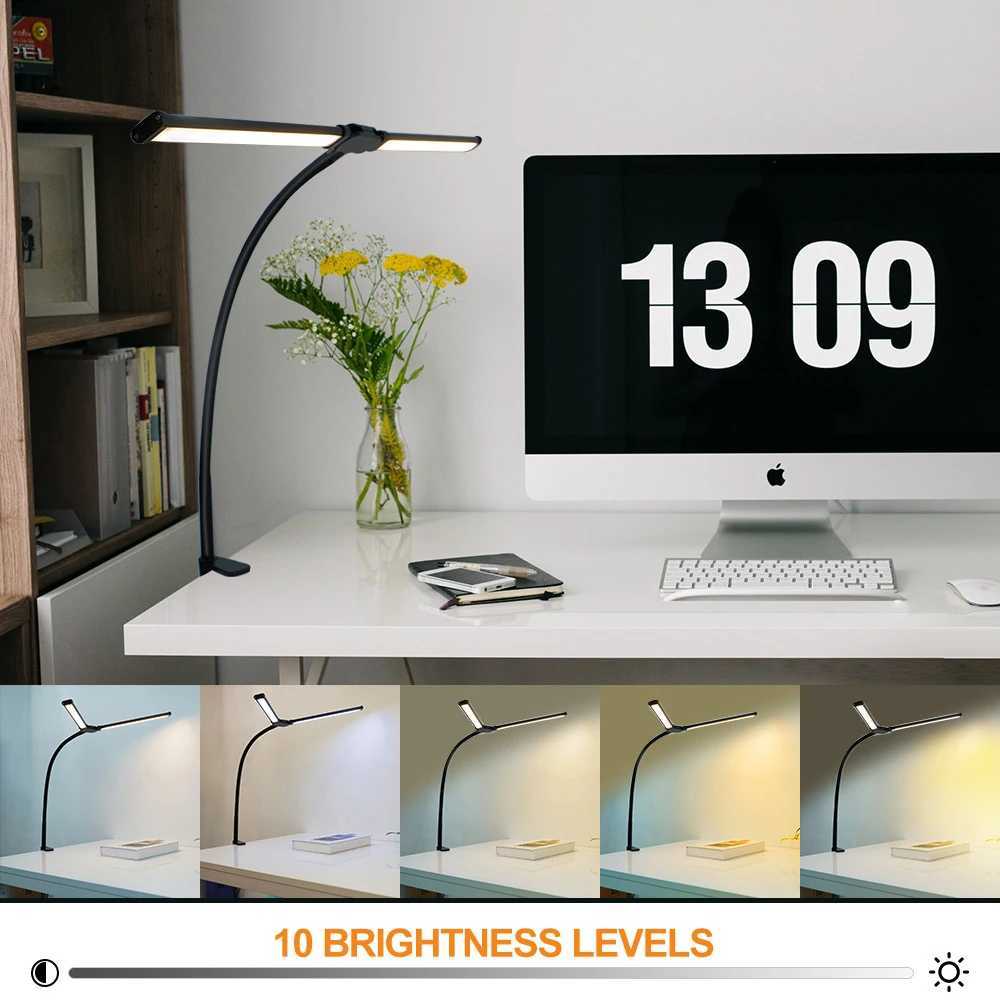 Home Office LED Desk Lamp Double Head Stepless Dimming EyeCaring Reading Lights 3 Color Mode Flexible Adjustable PC Table Lamps C251115