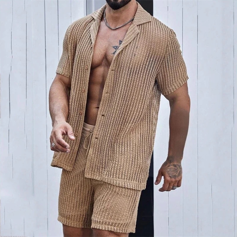 Sexy Hollow Out Mesh Knit Two Piece Suits Men Summer Beach Buttoned Lapel Shirts and Shorts Mens Outfits Casual Solid Color Sets 240518