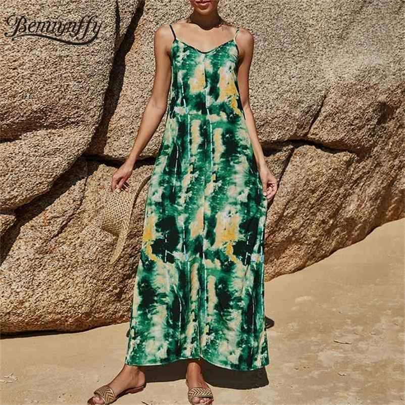V-neck Sleeveless Print Cami Dress Women Summer Holiday style Beach Casual Ladies Split Long Dresses Vestidos 210510