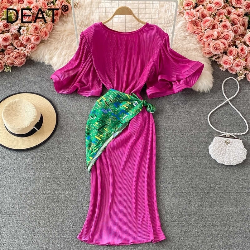 DEAT Women Pleated Ruffles Dress Round Neck Short Sleeve Arrivals Lady Temperament Fashion Spring Summer 11D1411 210709