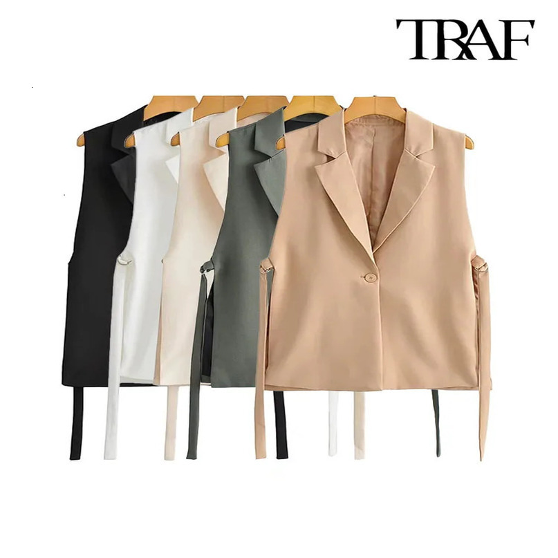 TRAF Women Fashion With Taps Side Vents Waistcoat Vintage Sleeveless Front Button Female Outerwear Chic Vest Tops 240523