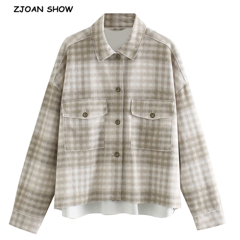 Boyfriend Style Gingham Check Plaid Shirt Lapel Long sleeve Pockets Blouse Tops Coat blusas chemise femme blusa GRAY GREEN 210429