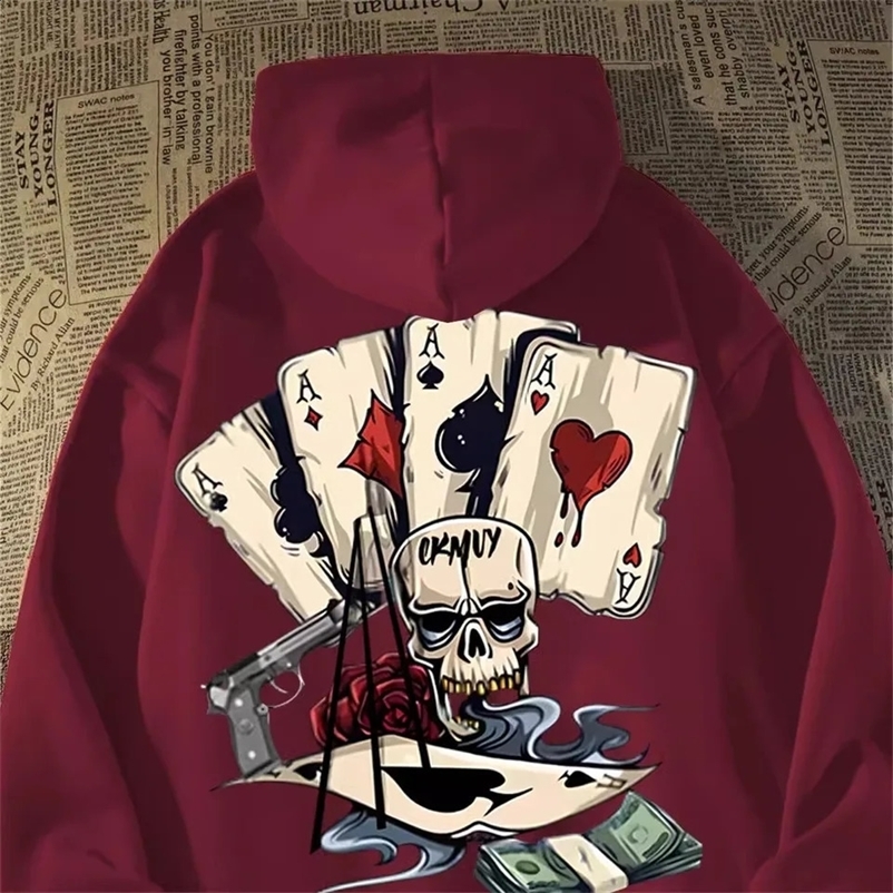 Trend Poker Skull Printing Europe and America Hip Hop y2k Hoodies Mens Sweatshirts Autumn Oversized Long Sleeves Street Tops 240912