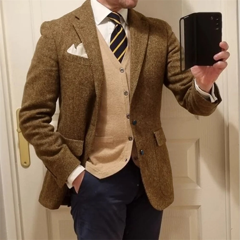Mens Herringbone Single Breasted Jacket Casual Wedding Groom Suit Tuxedo Coat Elegant Mens Jackets Man Spring Suits Blazer 240518