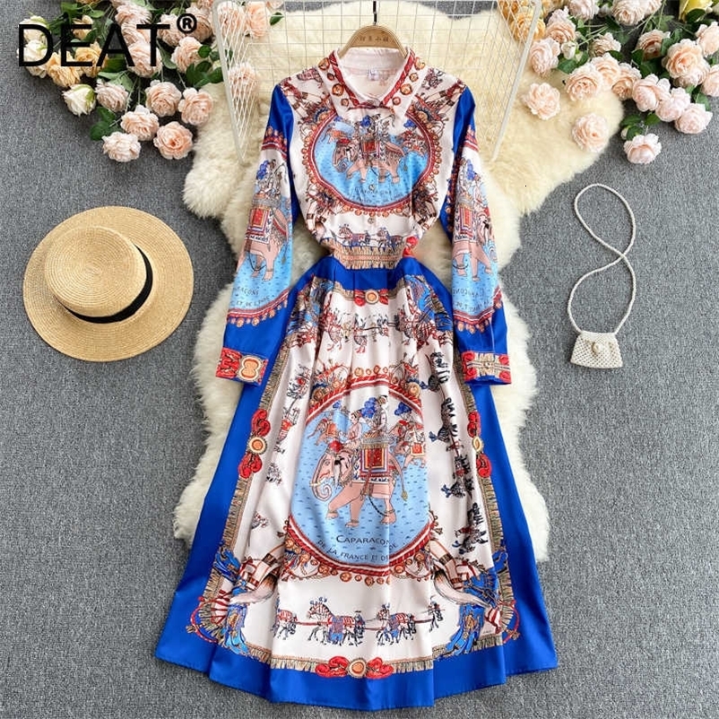 DEAT Women Blue Printign Midi-long Dress Lapel Longd Sleeve Arrivals Lady Temperament Fashion Spring Summer 11D1146 210709