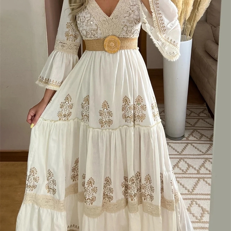 Womens Summer Bohemian Lace Dress Womens Beach Holiday Hollow Dress Womens Elegant Retro Loose Tank Top 250103