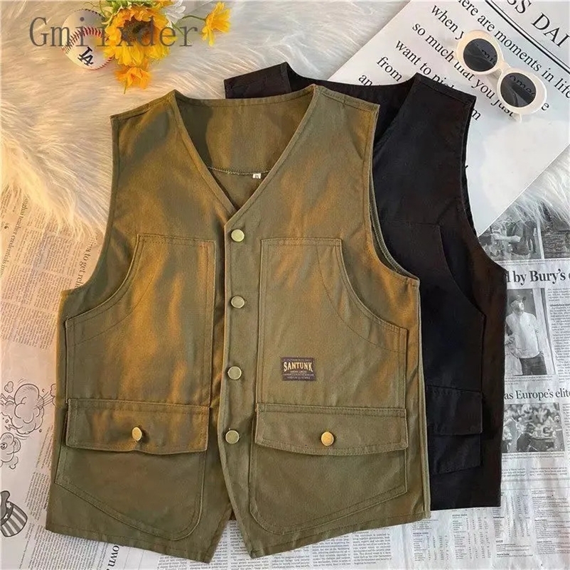 Japanese Retro Multi-pocket Workwear Vest Men Women in Summer Hong Kong Style Loose Versatile Waistcoat Sleeveless Vest Cityboy 240704