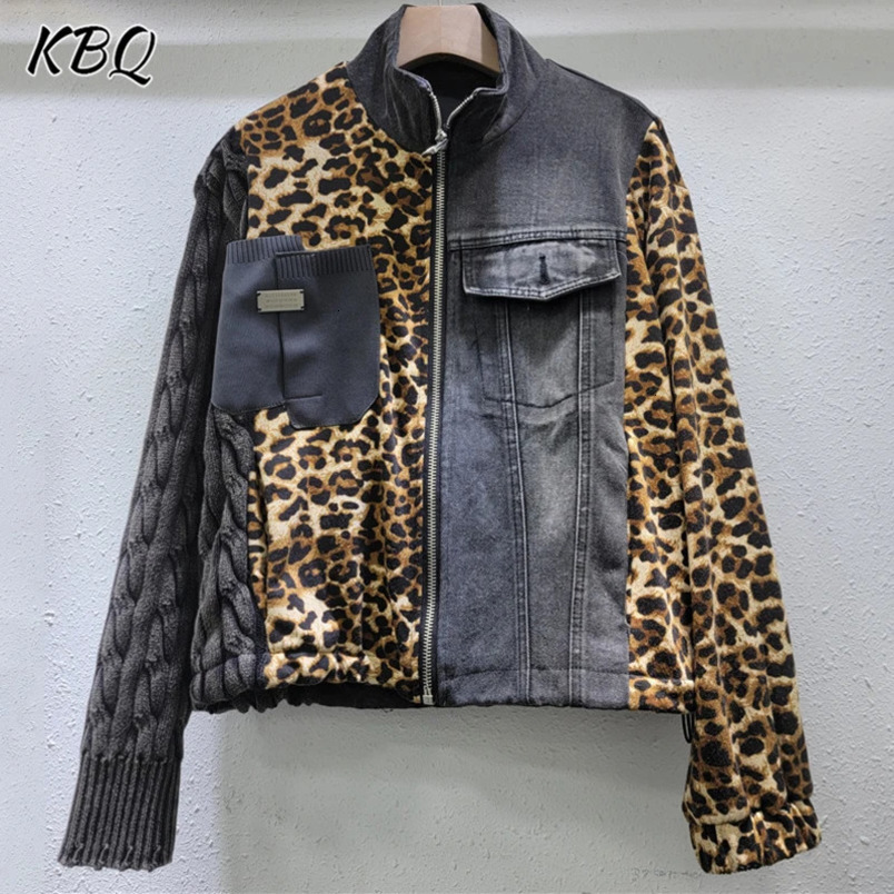 KBQ Hit Color Leopard Denim Jacket for Women Flip Collar Long Sleeve Splicing Zipper Street Clothing Jacket Womens Fashion Autumn 241115