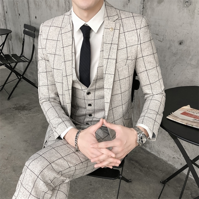 Men's Suits Blazers Jacket Vest Pants Men's Groom Wedding Dress Plaid Formal Suits Set Men Fashion Casual Business Slim Suit Three-piece 230