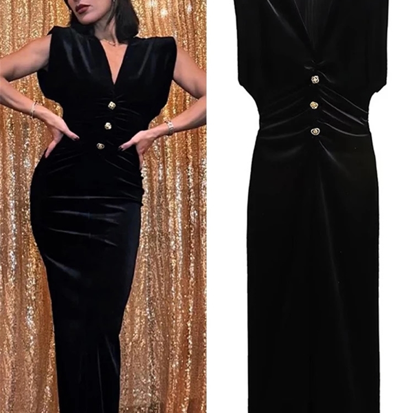 Elegant Velvet Long Dress Womens V-neck Sleeveless High Waist Shoulder Pads Dress Womens 2025 Fashion Evening Vent Dress Womens 250103