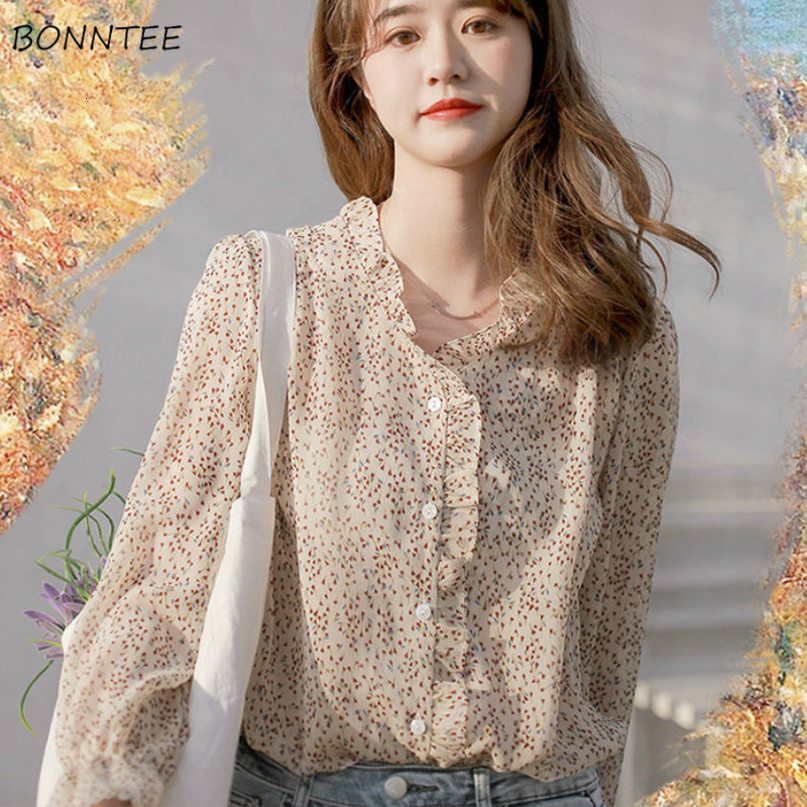 Women's Blouses Shirts Blouses Women Chiffon Ruched Floral Single Breasted Flare Sleeve Gentle Sweet Casual Girls Korean Style Daily Shirts Femal