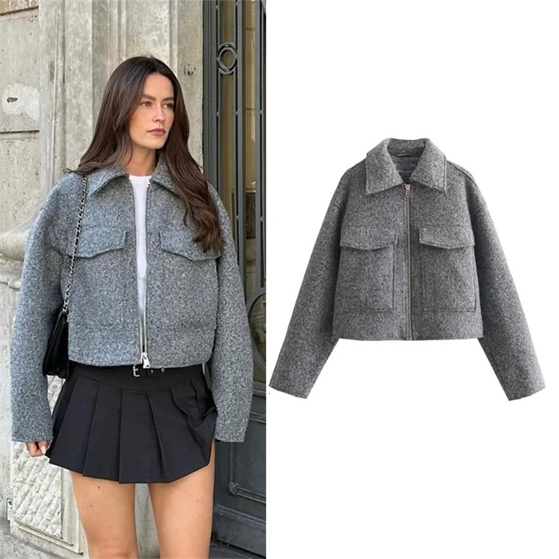 Ladies Autumn Winter Cropped Jacket Women Short Bombers Coat Tweed Pockets Outerwear Zip Crop Tops Jacket Woman Coat Female 240704