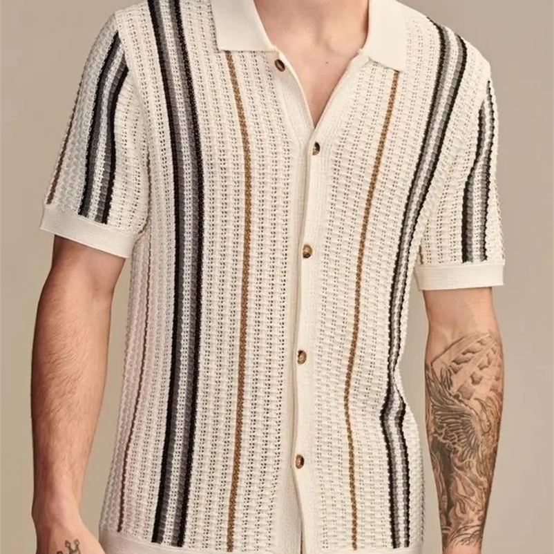 mens knitted shirt summer breathable slim fit short sleeved knitted casual shirt mens retro striped crochet knitted shirt 250224