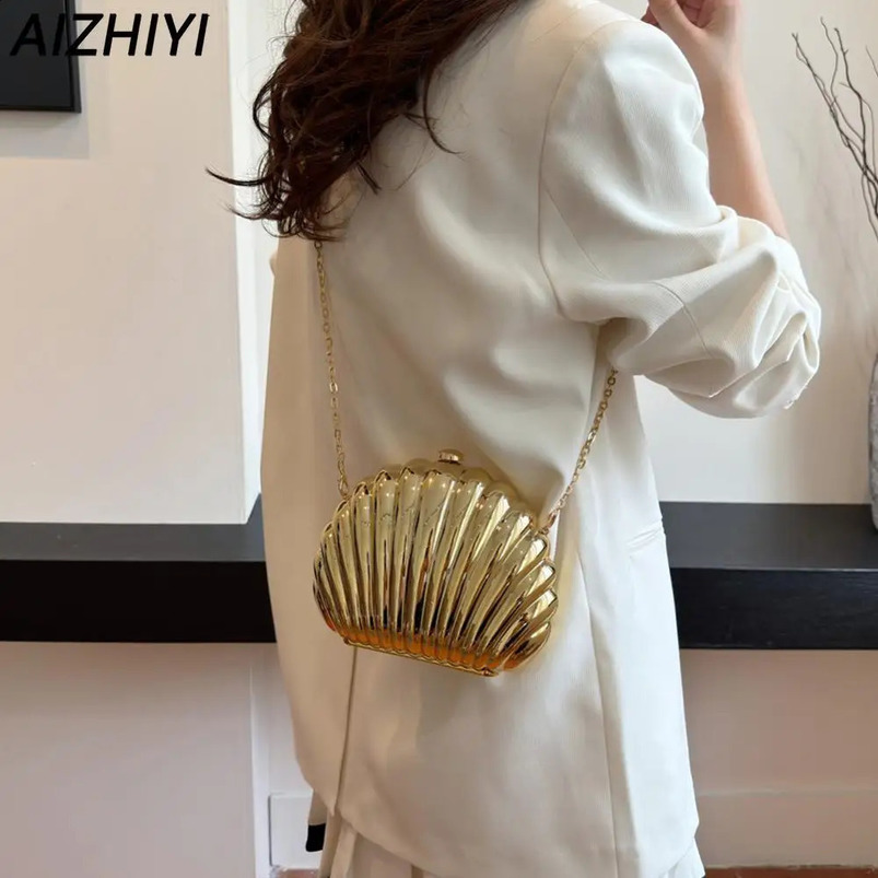 Seashell Evening Bag Women Acrylic Metallic Shoulder Detachable Chain Handbag for Wedding Cocktail Party Prom Satchel Purse 240729