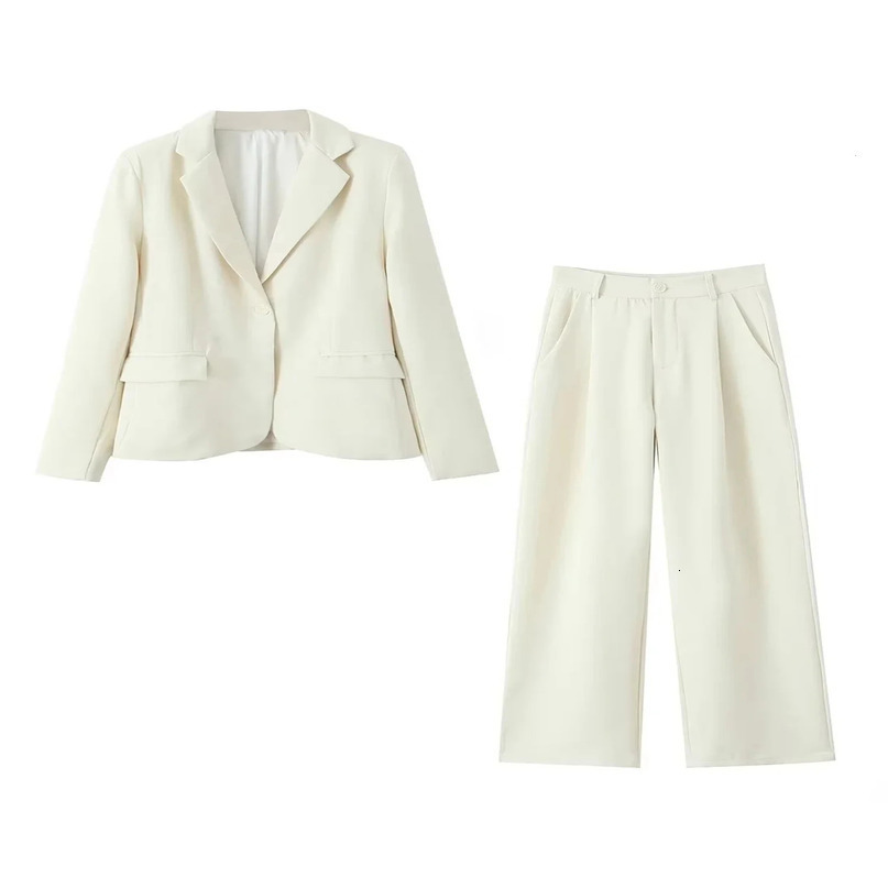KAOPU ZA Womens Fashion Onebutton suit Women lapel long sleeve Blazer set female elegant high waist wide leg pant Beige 240423