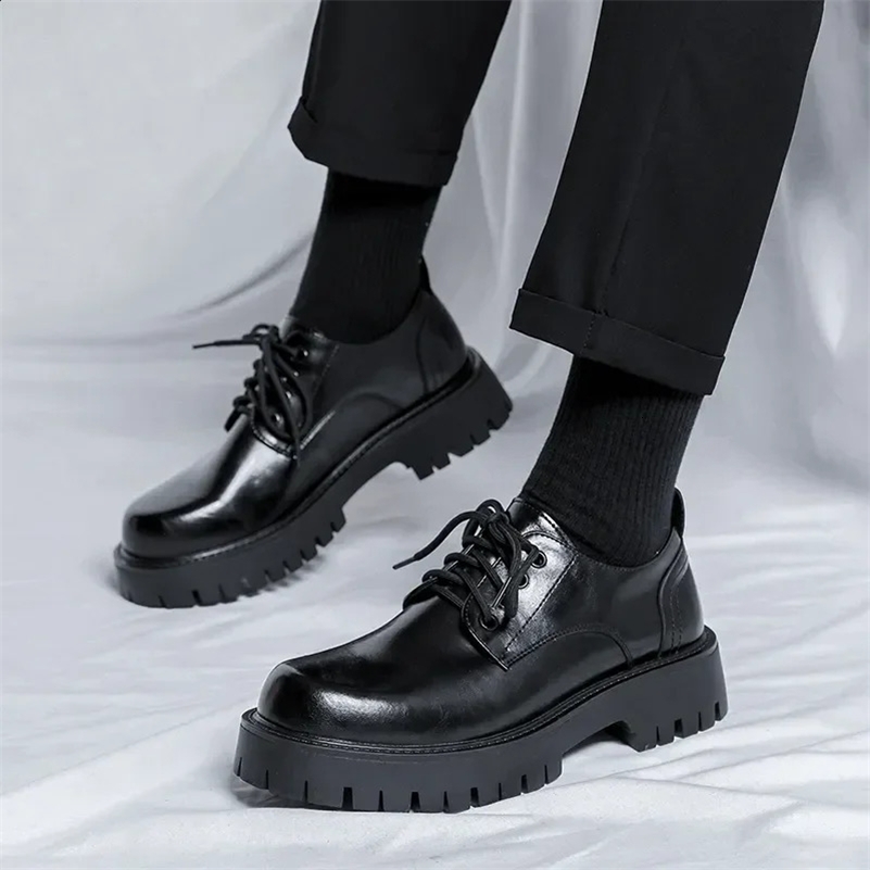 Men Korea Leather Platform Oxfords Slip On Thick Tottom For Male Derby Shoes Casual Loafers Mens Square Toe Formal Dress Shoes 240914
