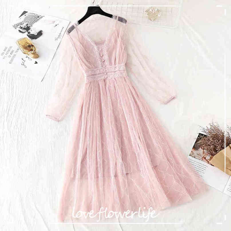 Solid Color Women Dress 2-piece Set Spring Summer Vintage Sweet Mesh Dresses Long Sleeve Party Dress Robe Femme Vestido 210521