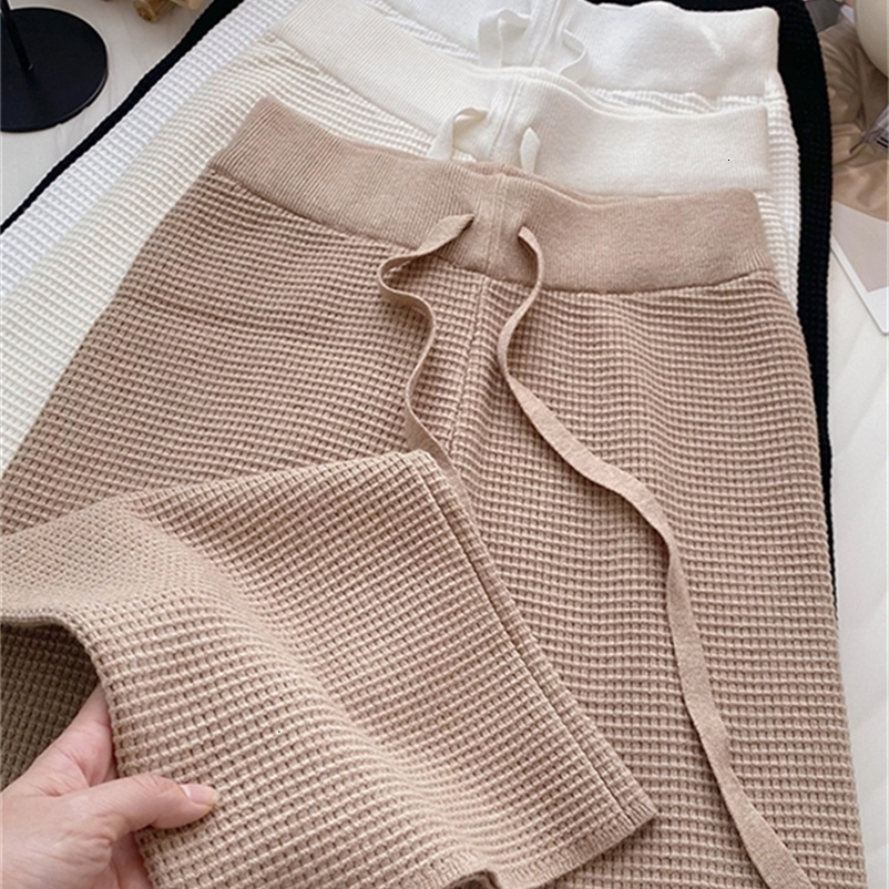 Women's Pants Capris Yitimoky Knitted Wide Leg Women Fall Winter Drawsing Casual Trousers Elegant Ladies Chic White Black High Waist 221122