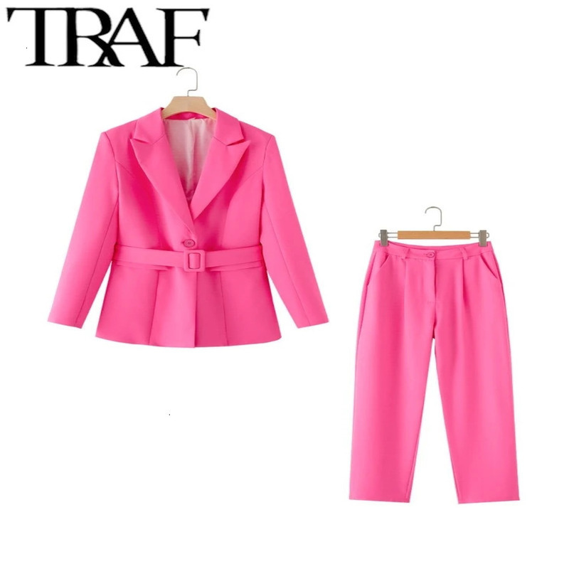 TRAF GAL Office Women Rose Red With Belt Blazer Suits Long Sleeve Jacket Female Spring Full Length Pants Sets Y2K Trousers 240423