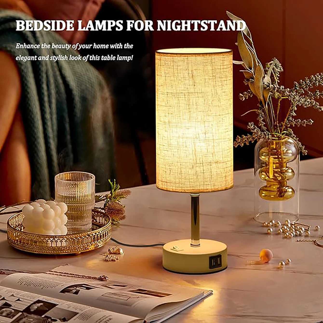 E27 bulb desk lamp with USB port circular linen lampshade suitable for bedroom bedside table decoration light without bulb C251115