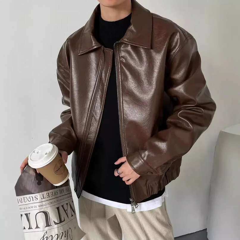 Elegant Retro Motorcycle Mens Handyman Jacket Fashion Korean Cut Leather Jacket Casual Loose Suitable for Autumn and Winter 241031
